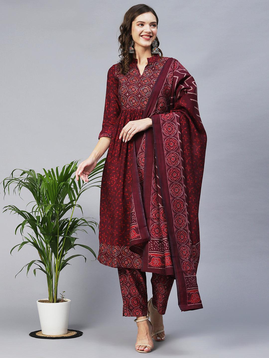 Ethnic Printed & Embroidered A-Line Kurta with Pants & Dupatta - Wine - Indiakreations