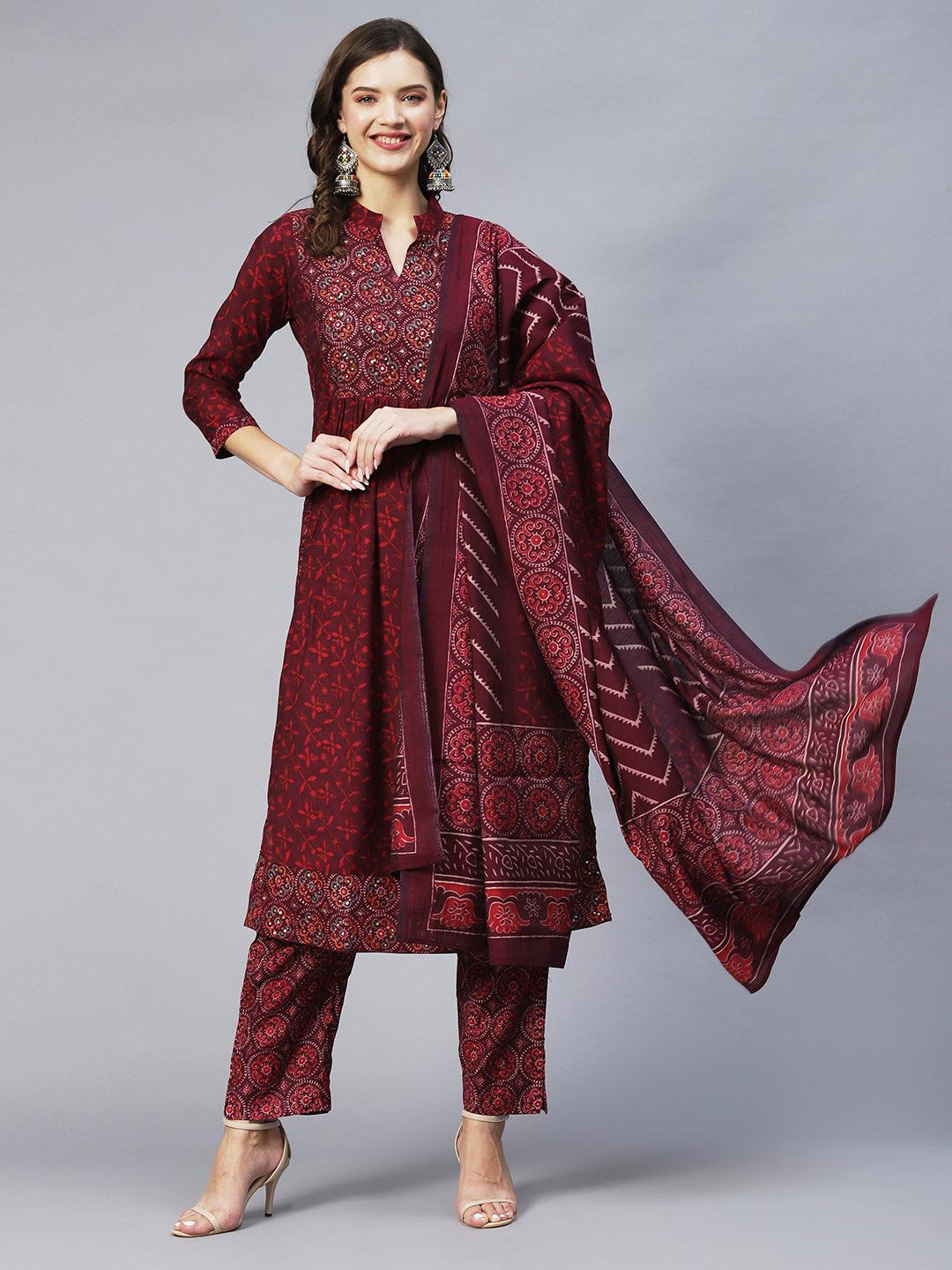 Ethnic Printed & Embroidered A-Line Kurta with Pants & Dupatta - Wine - Indiakreations