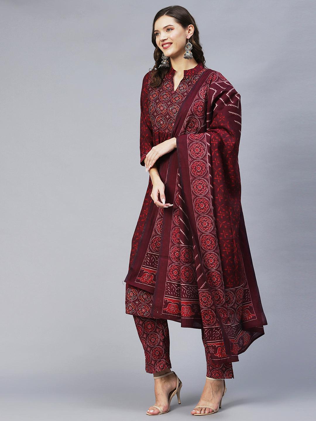 Ethnic Printed & Embroidered A-Line Kurta with Pants & Dupatta - Wine - Indiakreations