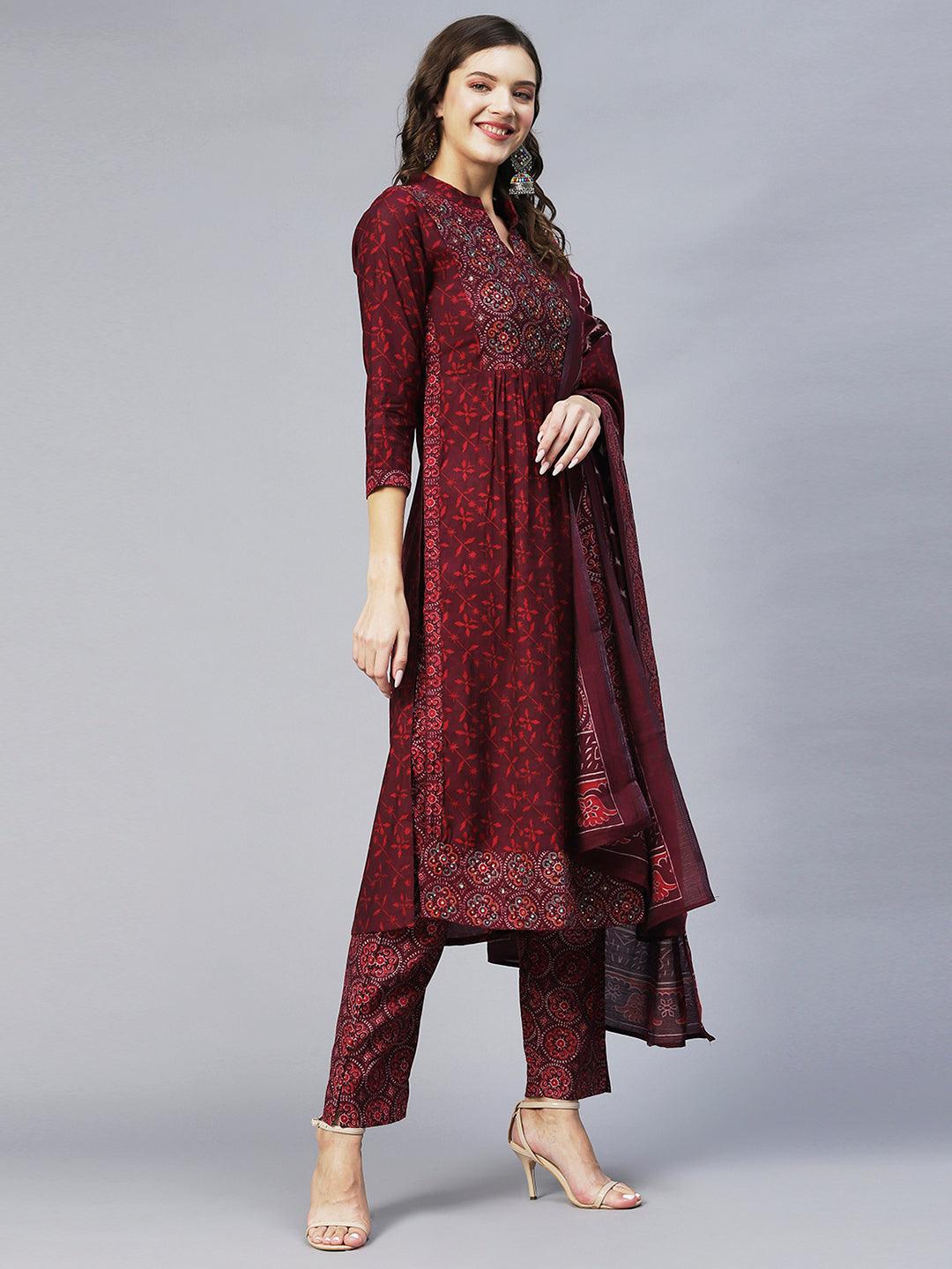 Ethnic Printed & Embroidered A-Line Kurta with Pants & Dupatta - Wine - Indiakreations