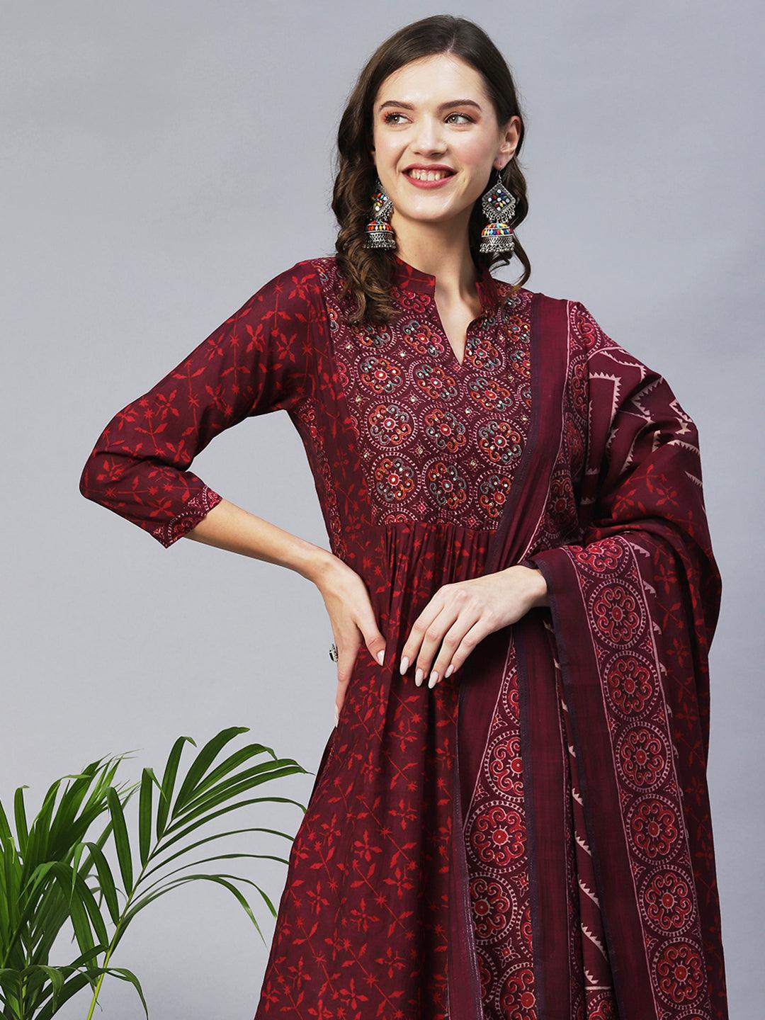 Ethnic Printed & Embroidered A-Line Kurta with Pants & Dupatta - Wine - Indiakreations