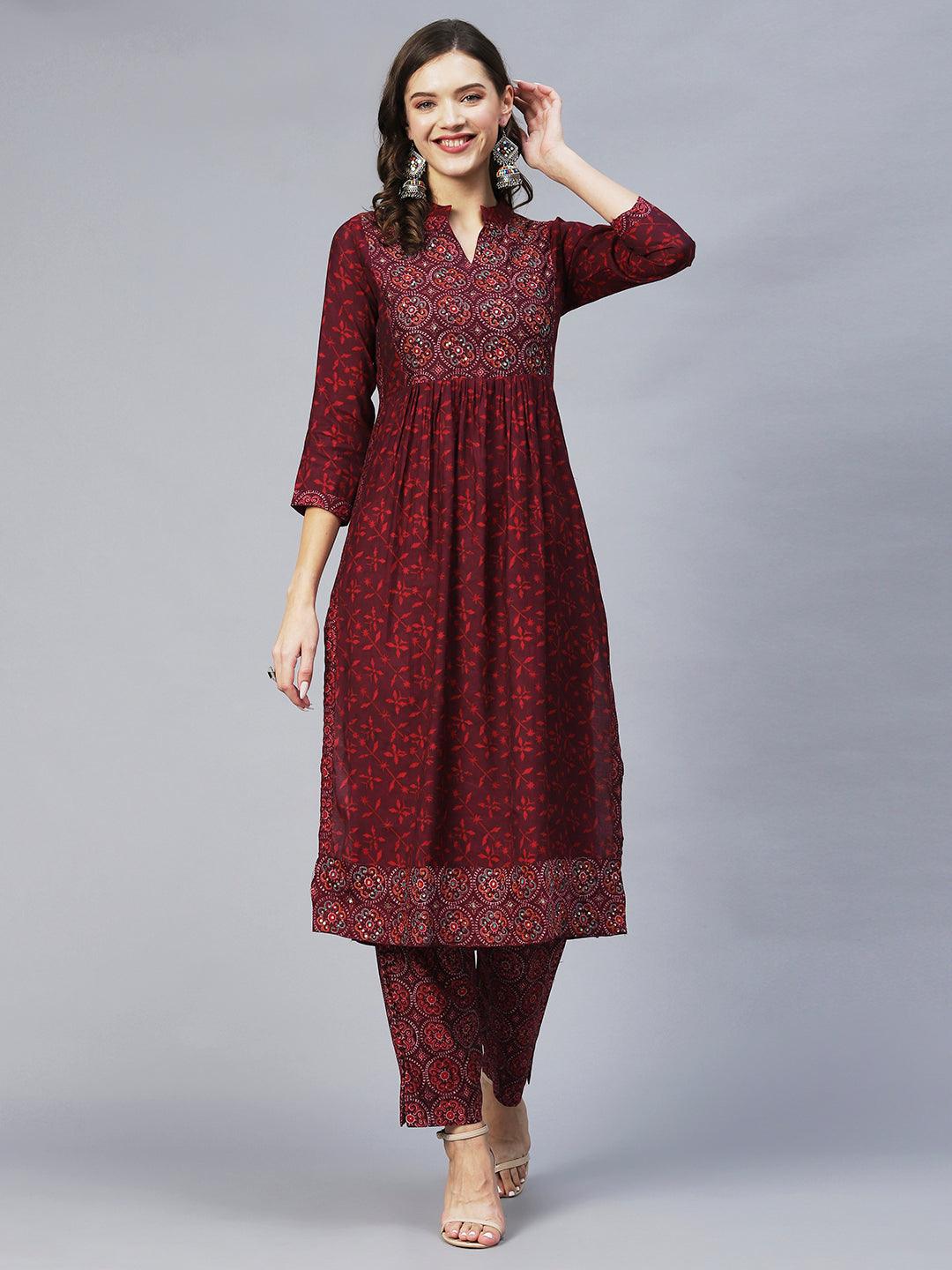 Ethnic Printed & Embroidered A-Line Kurta with Pants & Dupatta - Wine - Indiakreations