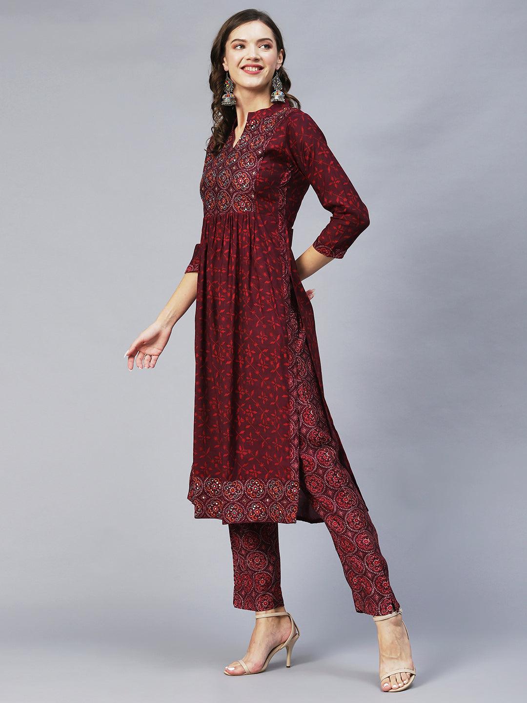 Ethnic Printed & Embroidered A-Line Kurta with Pants & Dupatta - Wine - Indiakreations