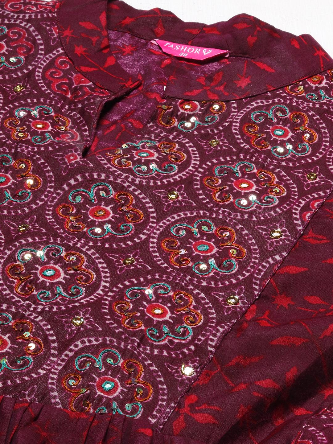 Ethnic Printed & Embroidered A-Line Kurta with Pants & Dupatta - Wine - Indiakreations