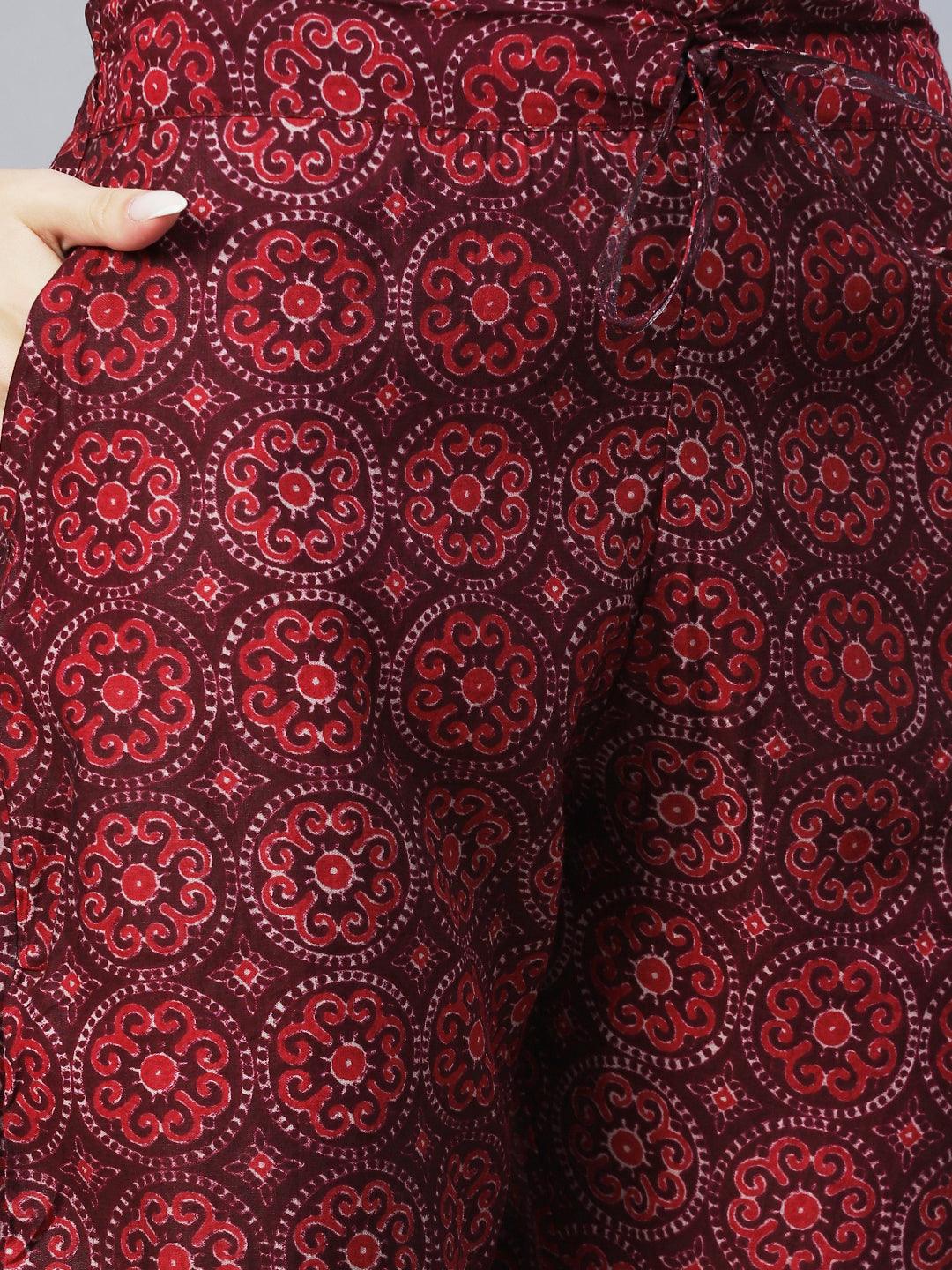 Ethnic Printed & Embroidered A-Line Kurta with Pants & Dupatta - Wine - Indiakreations