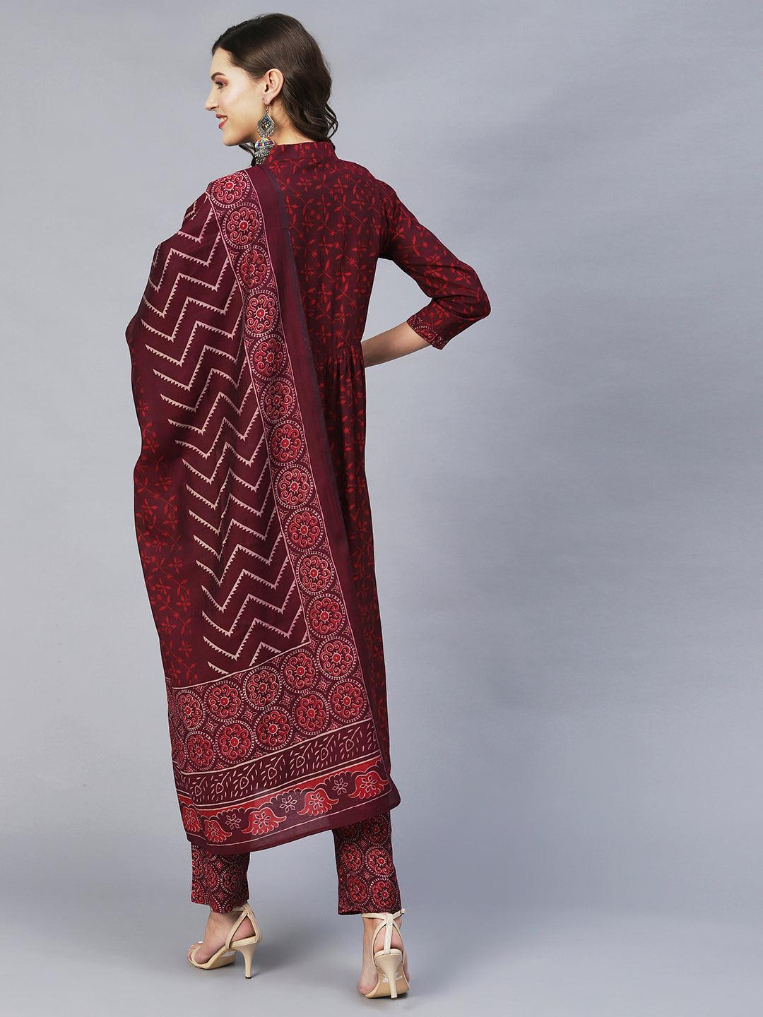 Ethnic Printed & Embroidered A-Line Kurta with Pants & Dupatta - Wine - Indiakreations