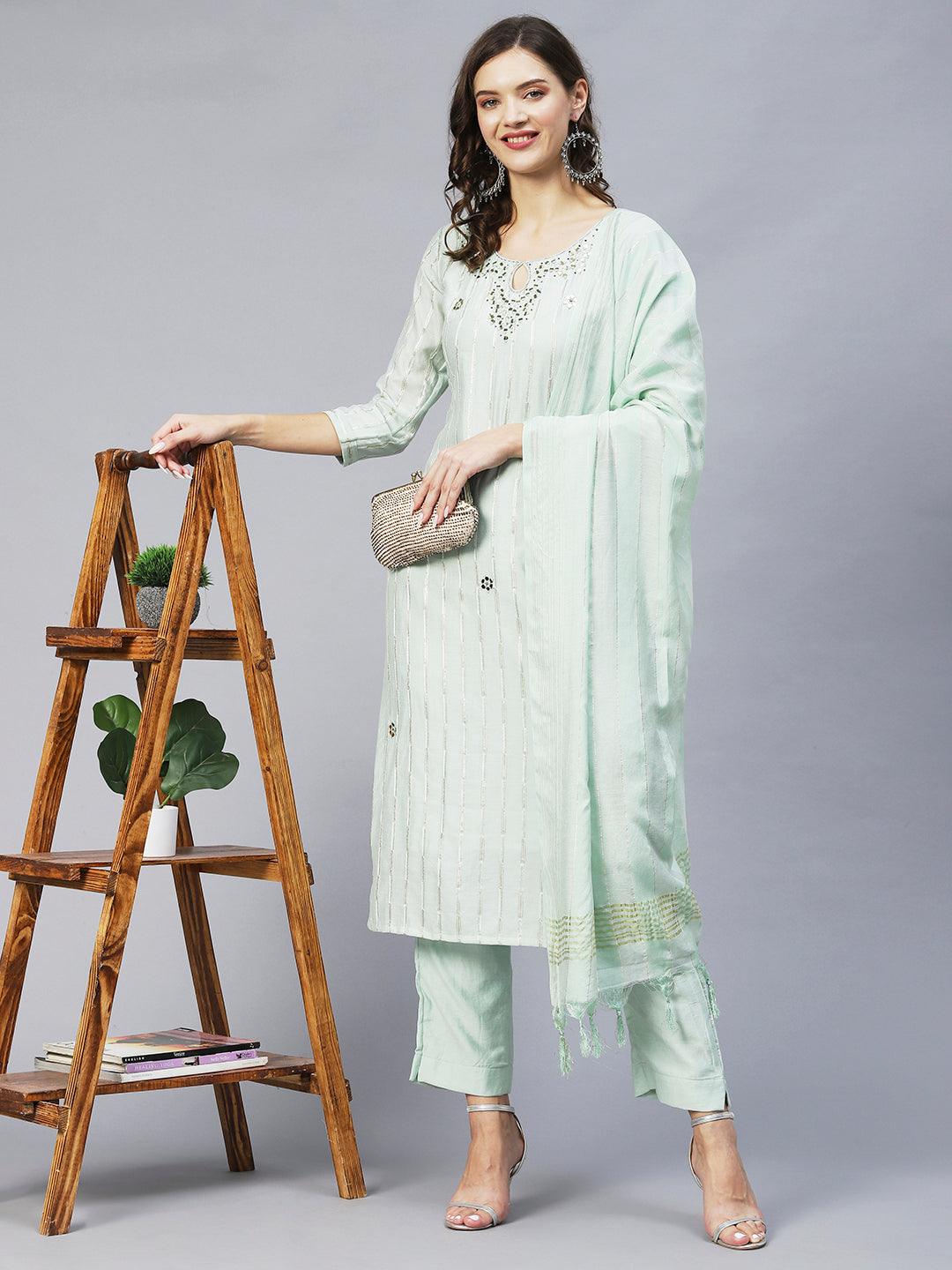 Ethnic Embroidered Straight Kurta with Pants & Dupatta - Pastel Green - Indiakreations