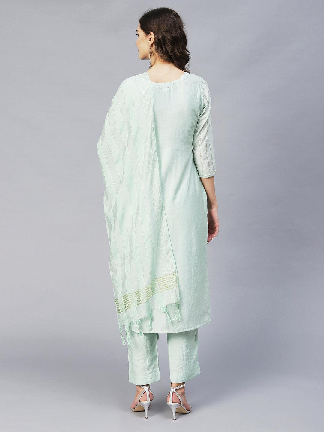 Ethnic Embroidered Straight Kurta with Pants & Dupatta - Pastel Green - Indiakreations