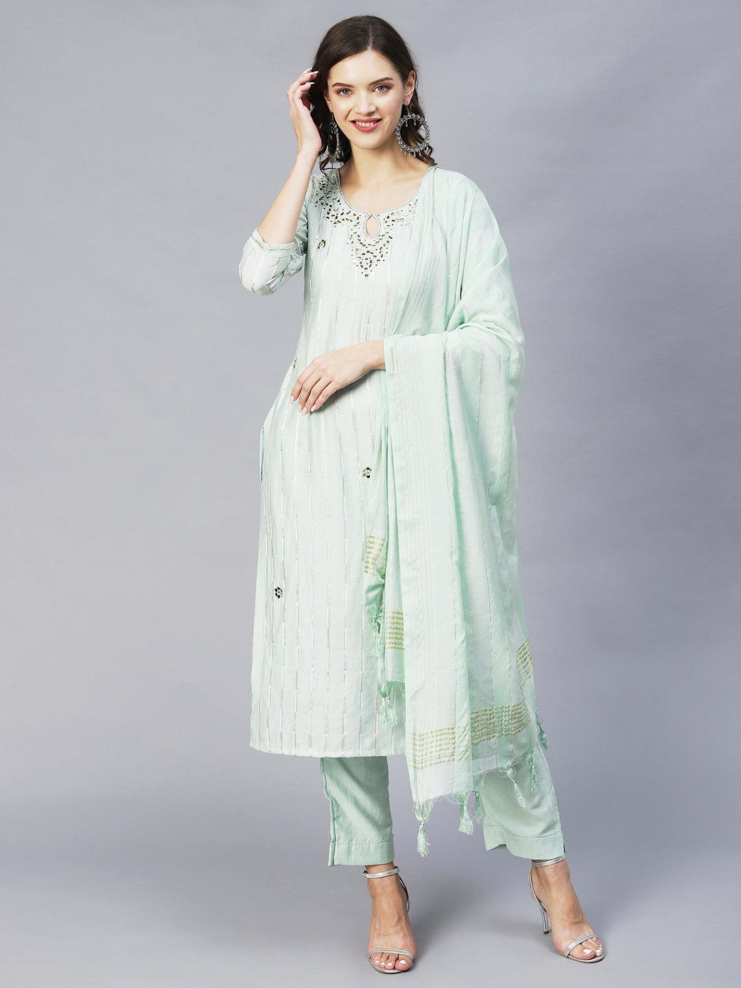 Ethnic Embroidered Straight Kurta with Pants & Dupatta - Pastel Green - Indiakreations