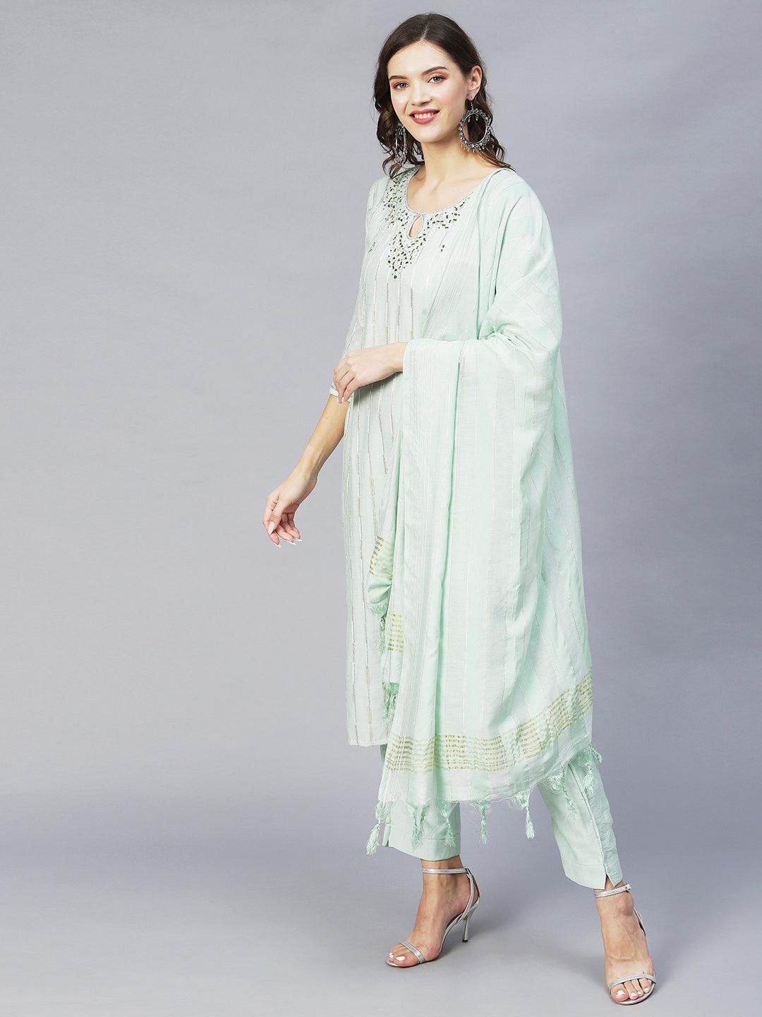 Ethnic Embroidered Straight Kurta with Pants & Dupatta - Pastel Green - Indiakreations