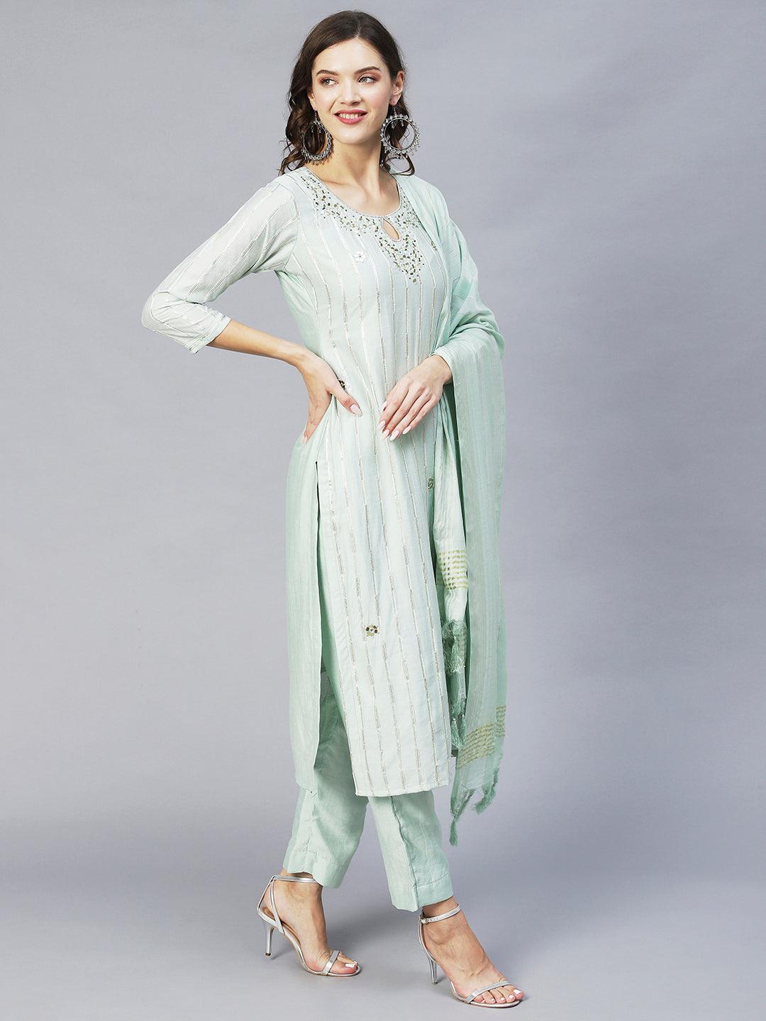 Ethnic Embroidered Straight Kurta with Pants & Dupatta - Pastel Green - Indiakreations