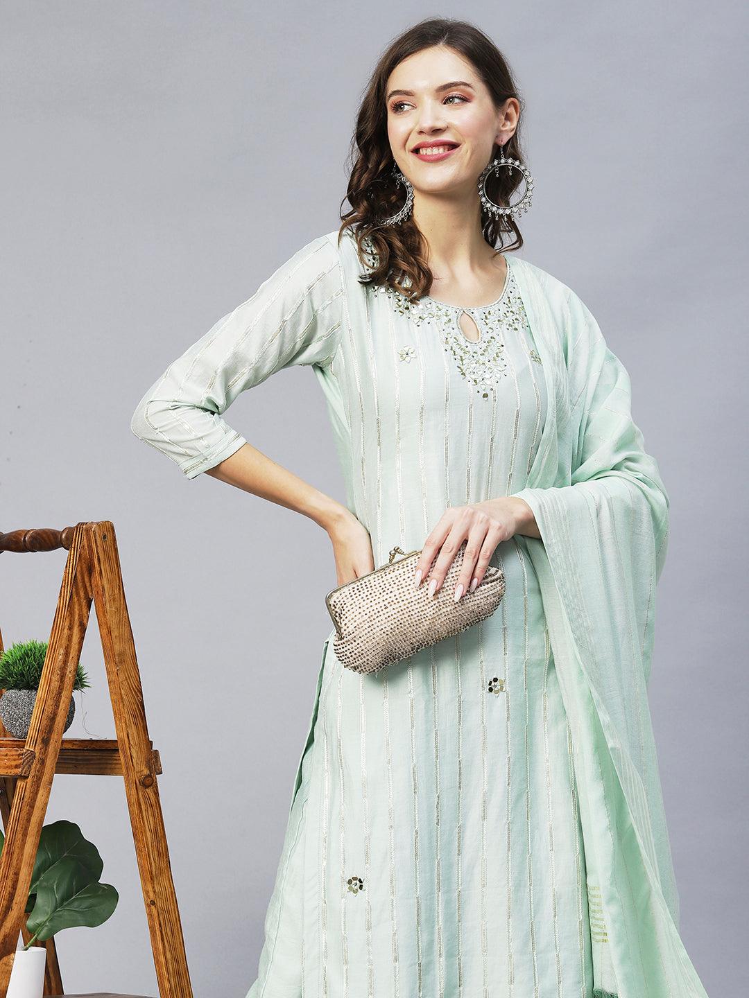 Ethnic Embroidered Straight Kurta with Pants & Dupatta - Pastel Green - Indiakreations