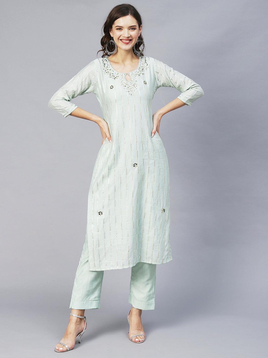 Ethnic Embroidered Straight Kurta with Pants & Dupatta - Pastel Green - Indiakreations