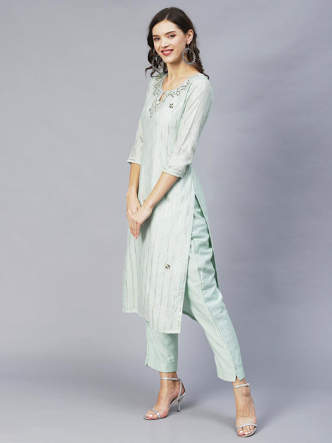 Ethnic Embroidered Straight Kurta with Pants & Dupatta - Pastel Green - Indiakreations