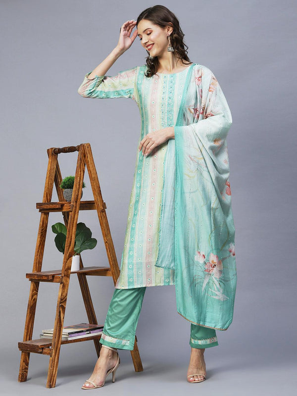 Floral Printed & Hand Embroidered Kurta with Pants & Dupatta - Pastel Green - Indiakreations