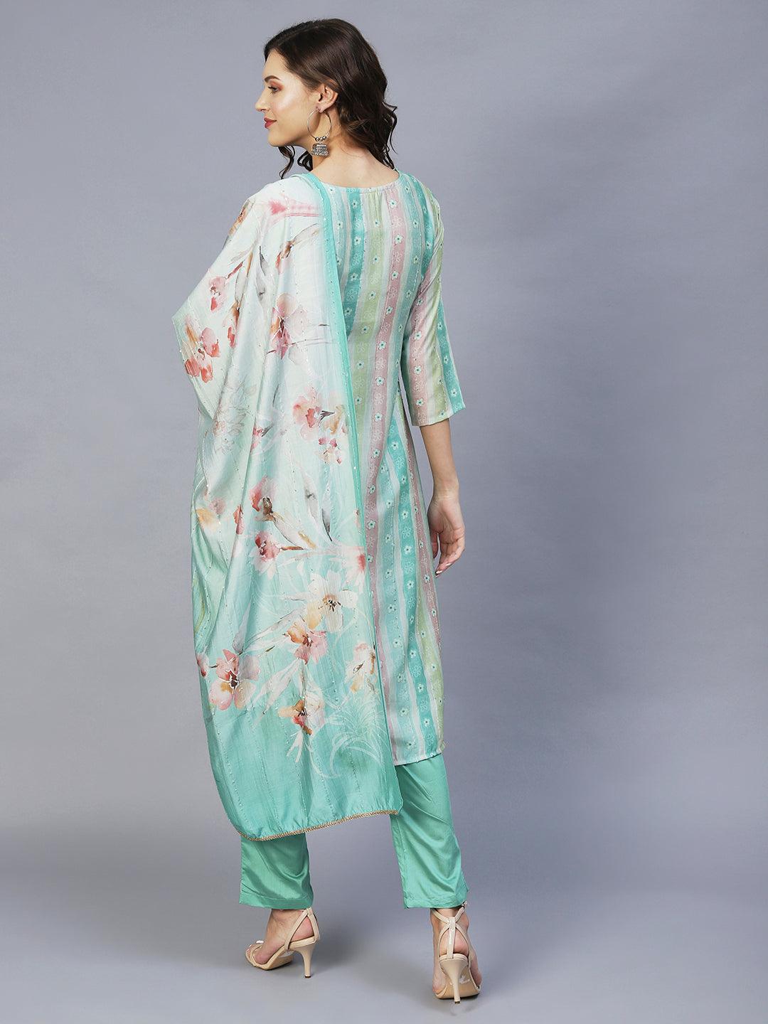 Floral Printed & Hand Embroidered Kurta with Pants & Dupatta - Pastel Green - Indiakreations