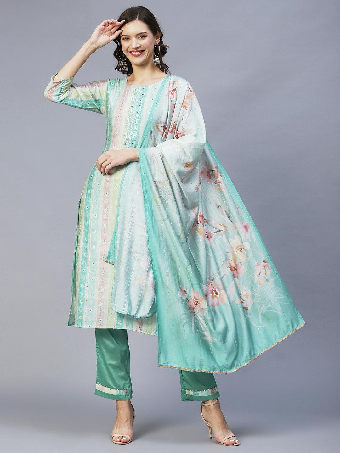 Floral Printed & Hand Embroidered Kurta with Pants & Dupatta - Pastel Green - Indiakreations