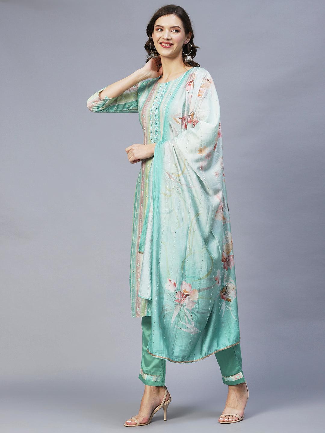 Floral Printed & Hand Embroidered Kurta with Pants & Dupatta - Pastel Green - Indiakreations