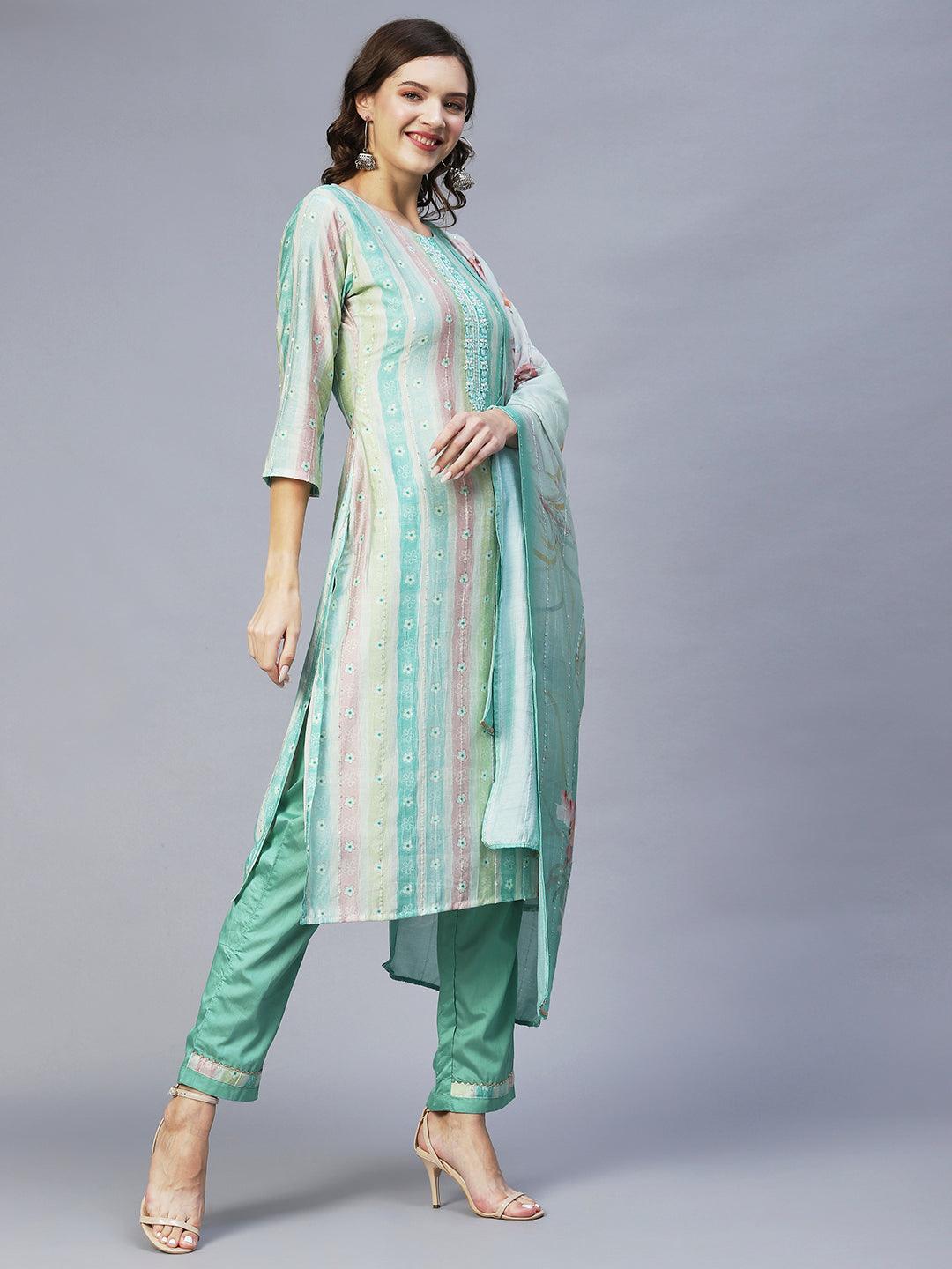 Floral Printed & Hand Embroidered Kurta with Pants & Dupatta - Pastel Green - Indiakreations