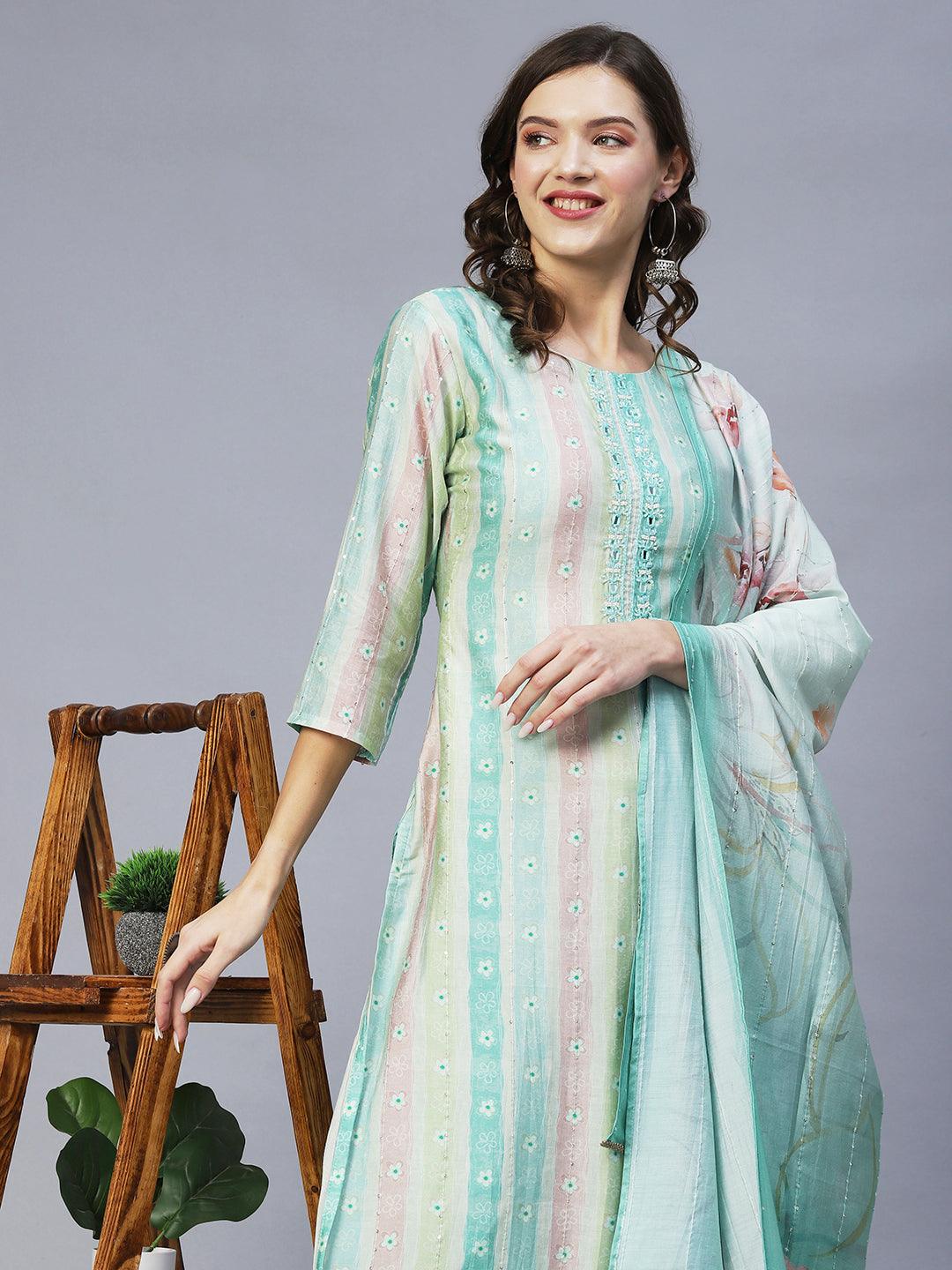 Floral Printed & Hand Embroidered Kurta with Pants & Dupatta - Pastel Green - Indiakreations