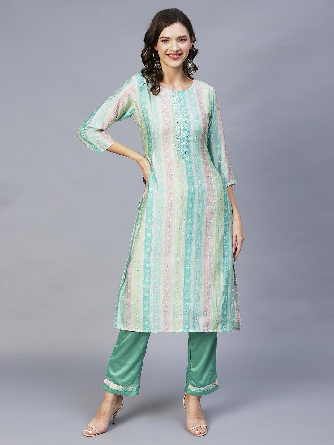 Floral Printed & Hand Embroidered Kurta with Pants & Dupatta - Pastel Green - Indiakreations