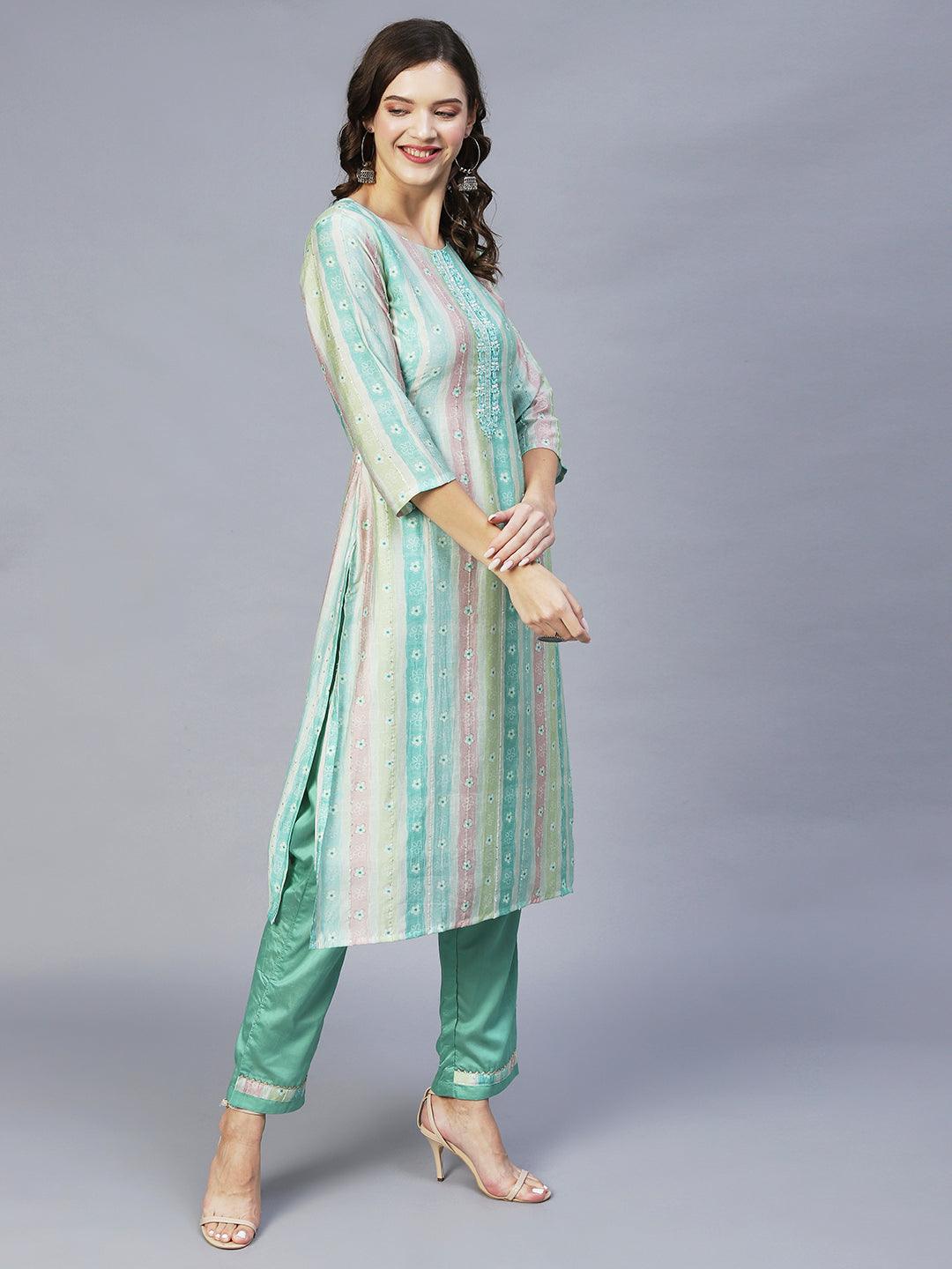 Floral Printed & Hand Embroidered Kurta with Pants & Dupatta - Pastel Green - Indiakreations