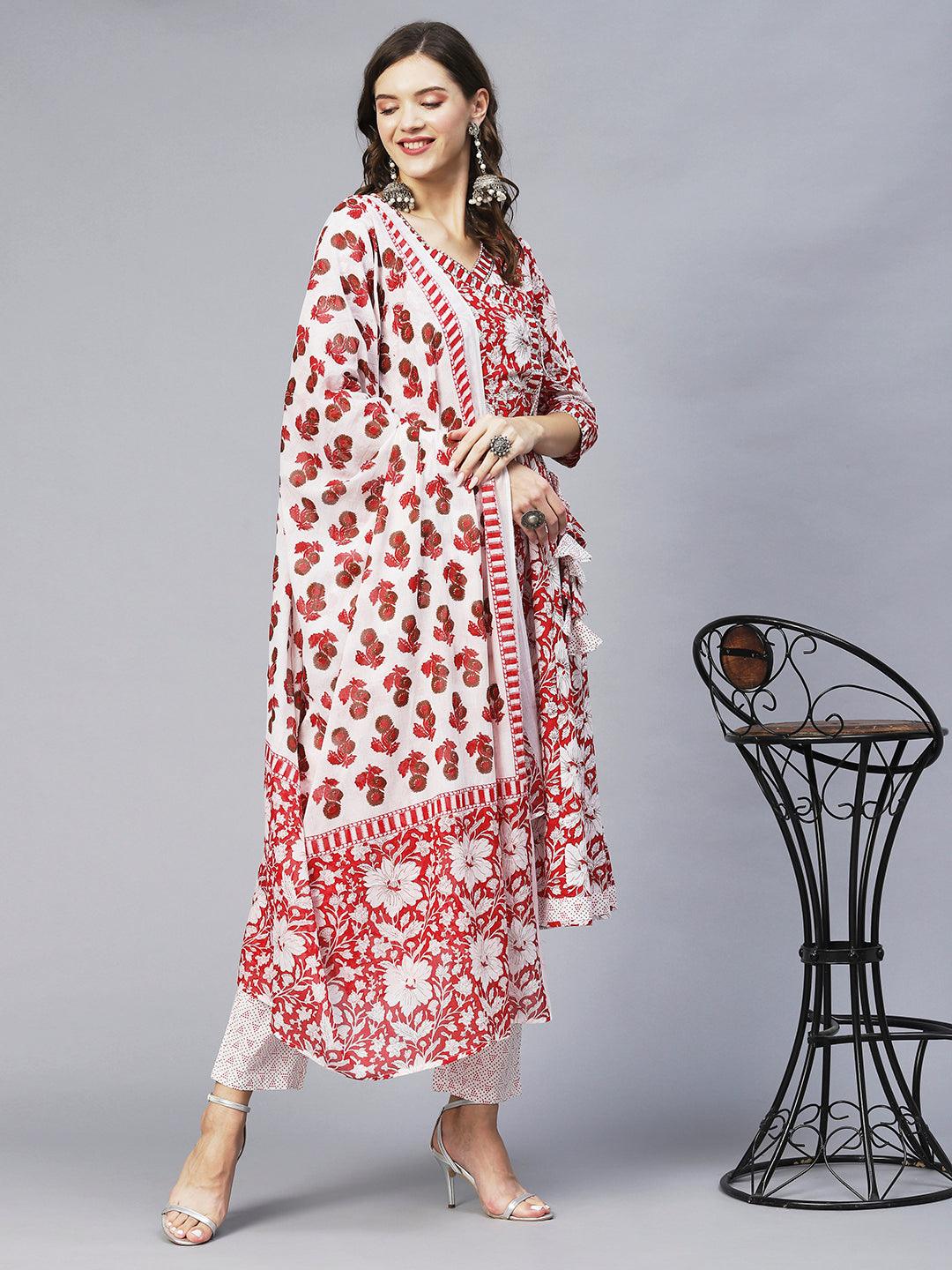 Floral Printed & Embroidered Anarkali Kurta with Pants & Dupatta - Red - Indiakreations