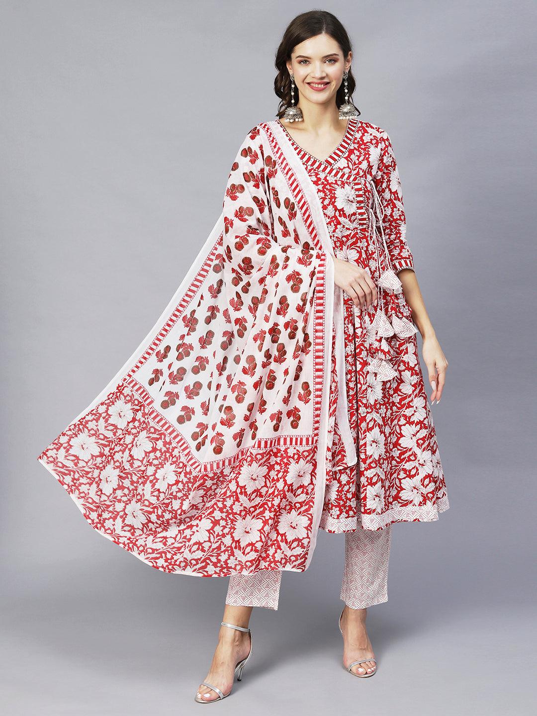 Floral Printed & Embroidered Anarkali Kurta with Pants & Dupatta - Red - Indiakreations