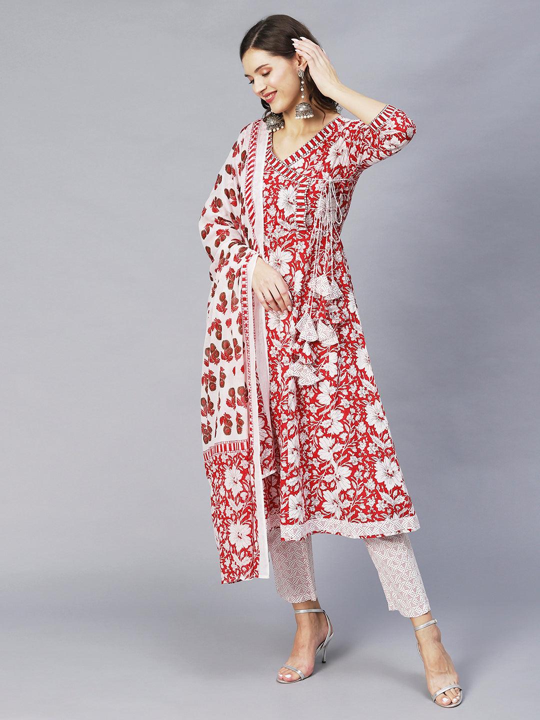 Floral Printed & Embroidered Anarkali Kurta with Pants & Dupatta - Red - Indiakreations