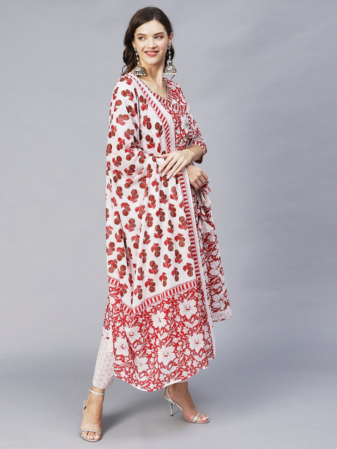 Floral Printed & Embroidered Anarkali Kurta with Pants & Dupatta - Red - Indiakreations