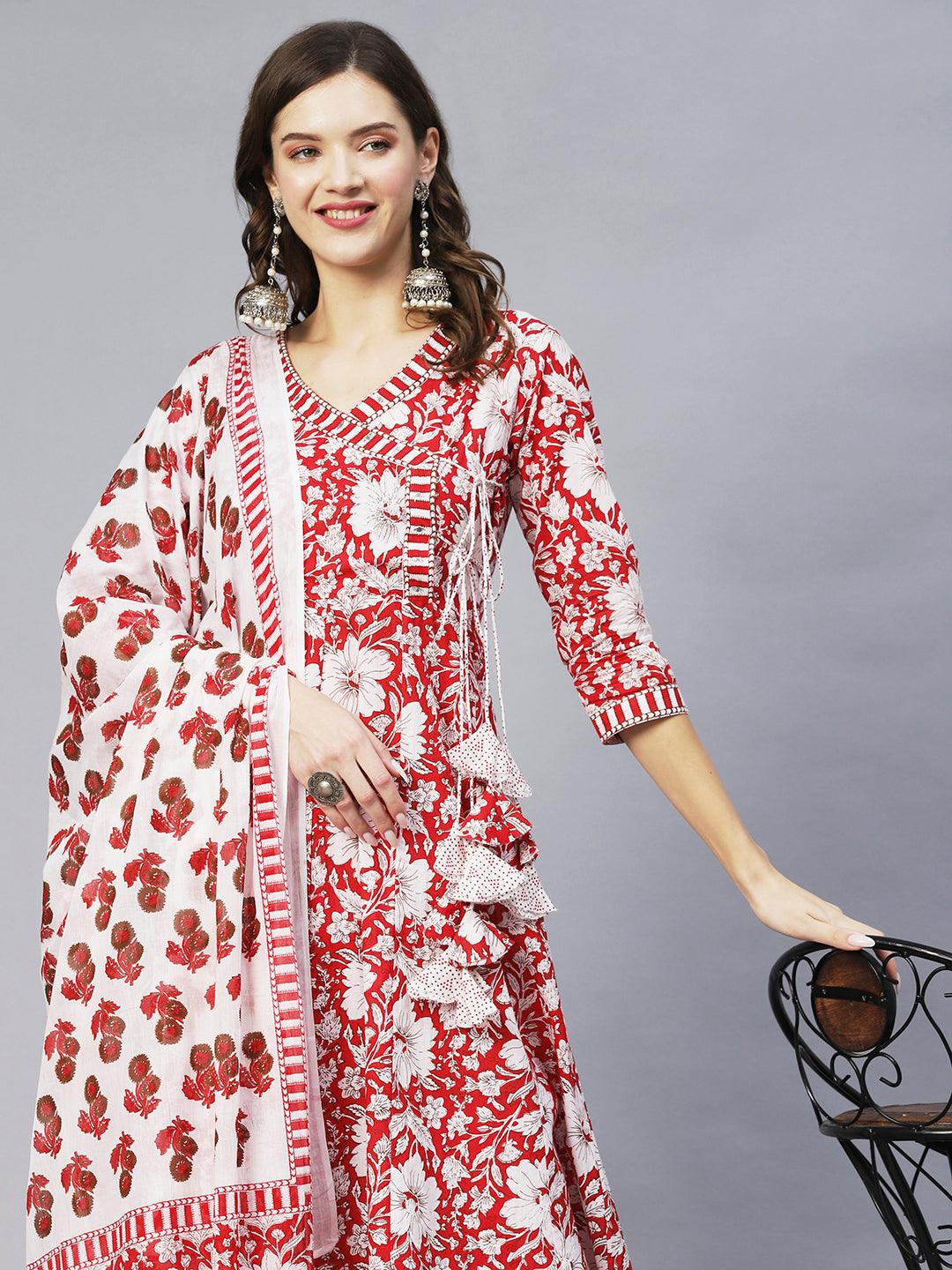 Floral Printed & Embroidered Anarkali Kurta with Pants & Dupatta - Red - Indiakreations