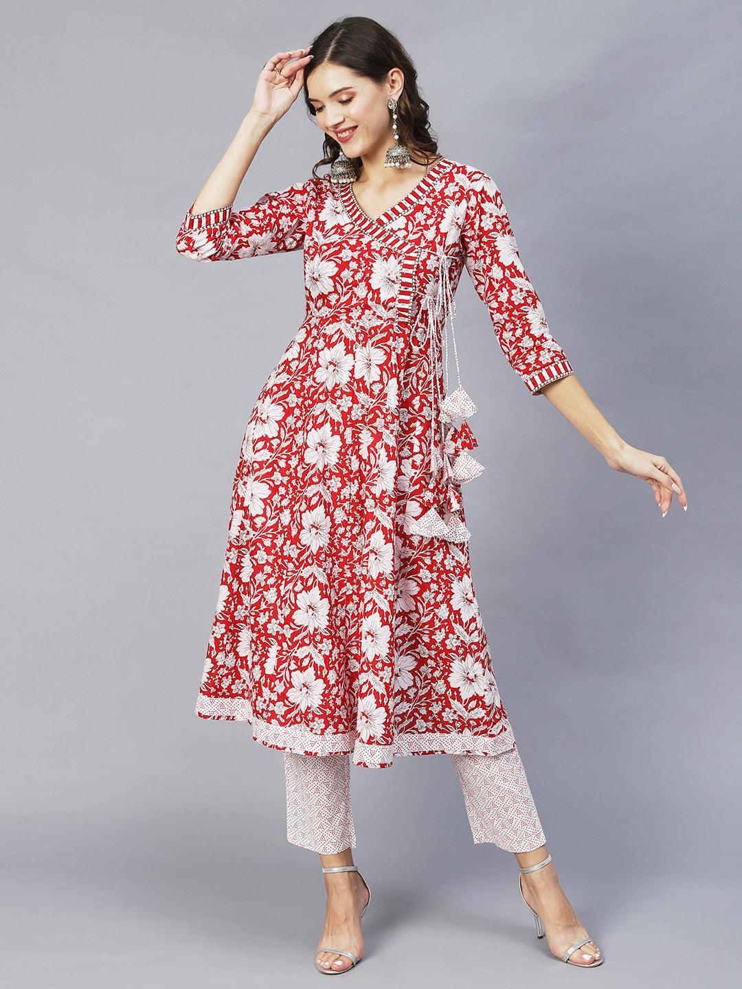 Floral Printed & Embroidered Anarkali Kurta with Pants & Dupatta - Red - Indiakreations