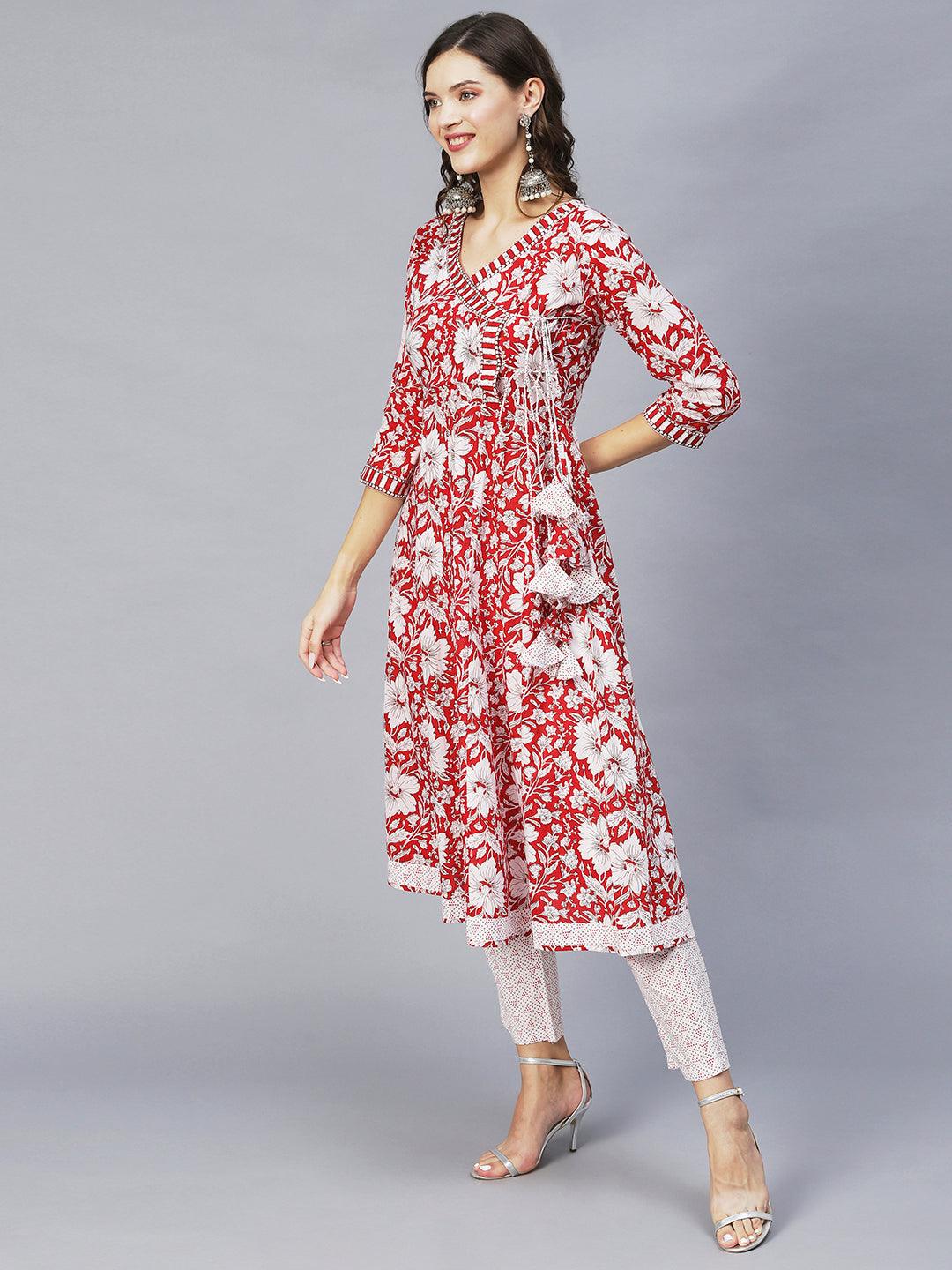 Floral Printed & Embroidered Anarkali Kurta with Pants & Dupatta - Red - Indiakreations