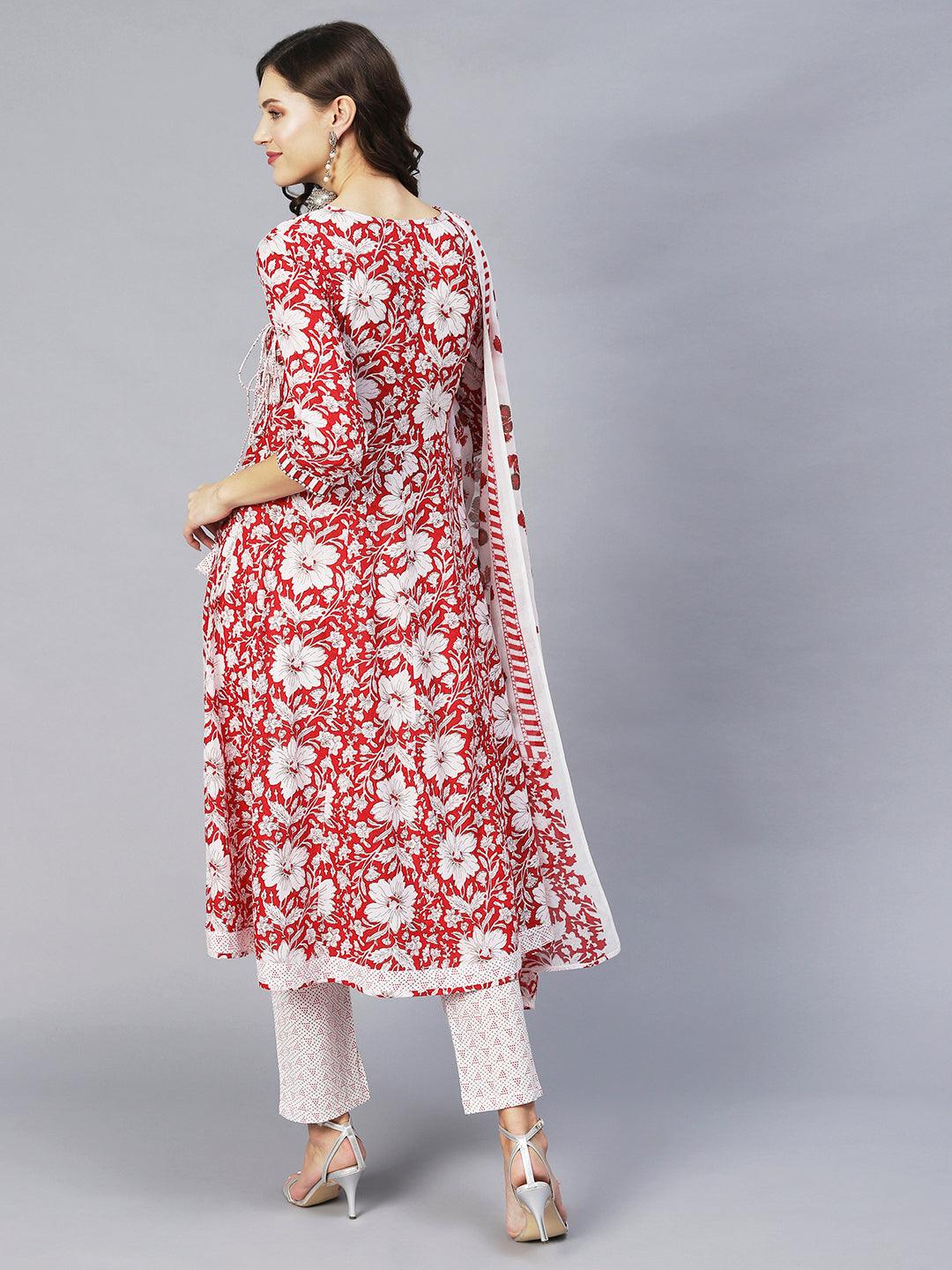 Floral Printed & Embroidered Anarkali Kurta with Pants & Dupatta - Red - Indiakreations