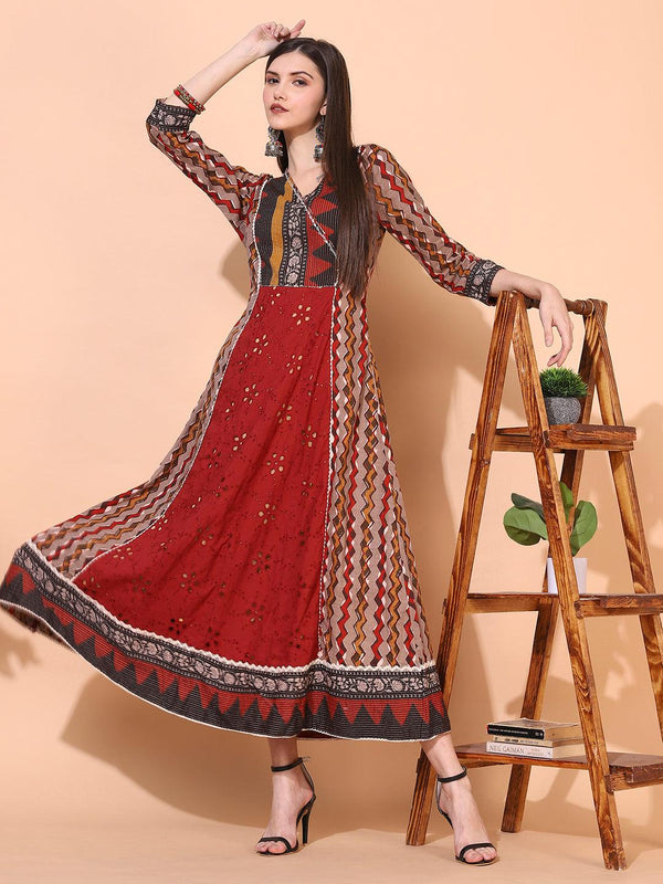 Ethnic Printed & Embroidered A-Line Flared Maxi Dress - Multi - Indiakreations