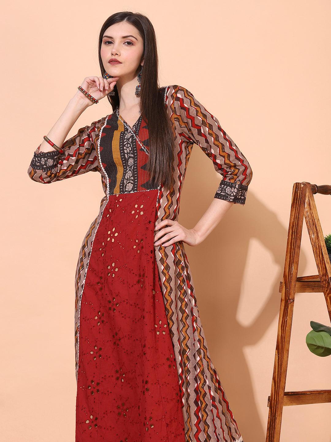 Ethnic Printed & Embroidered A-Line Flared Maxi Dress - Multi - Indiakreations