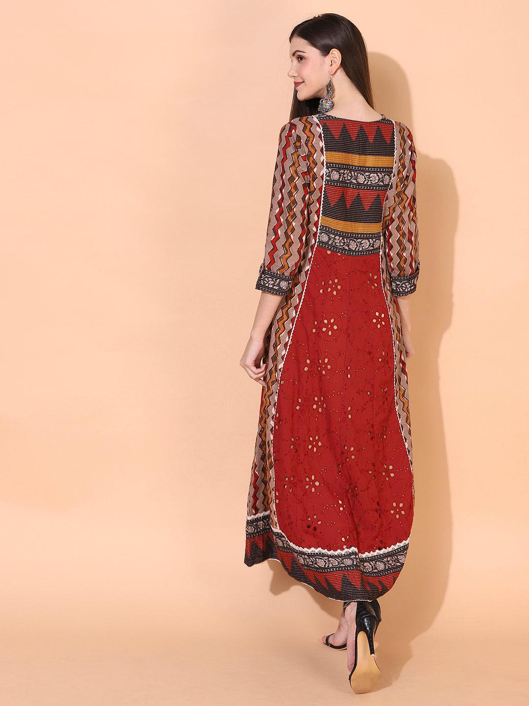 Ethnic Printed & Embroidered A-Line Flared Maxi Dress - Multi - Indiakreations