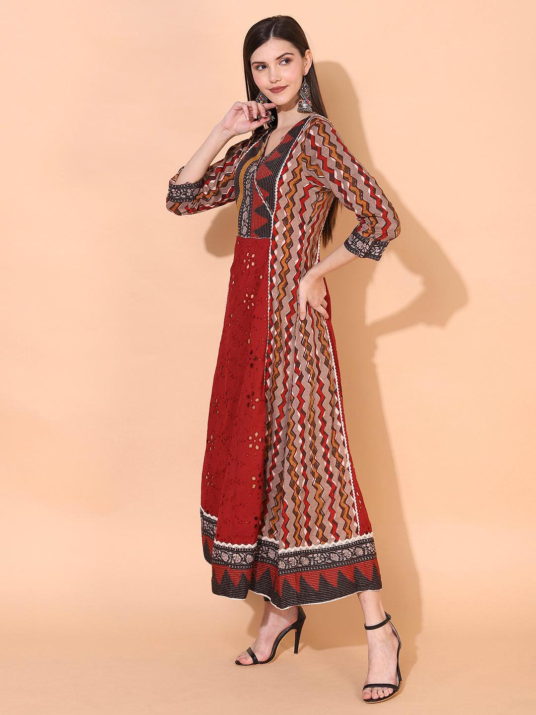 Ethnic Printed & Embroidered A-Line Flared Maxi Dress - Multi - Indiakreations