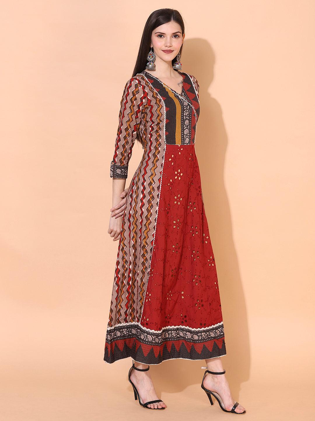 Ethnic Printed & Embroidered A-Line Flared Maxi Dress - Multi - Indiakreations