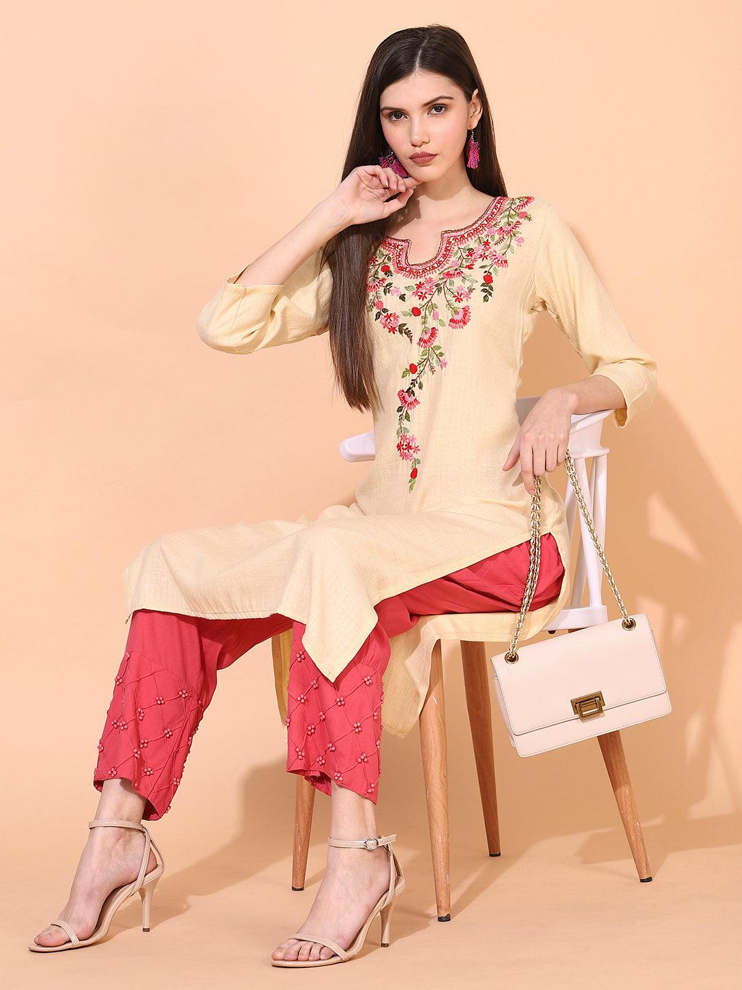 Ethnic Woven & Embroidered Straight Fit Kurta – Pale Yellow - Indiakreations