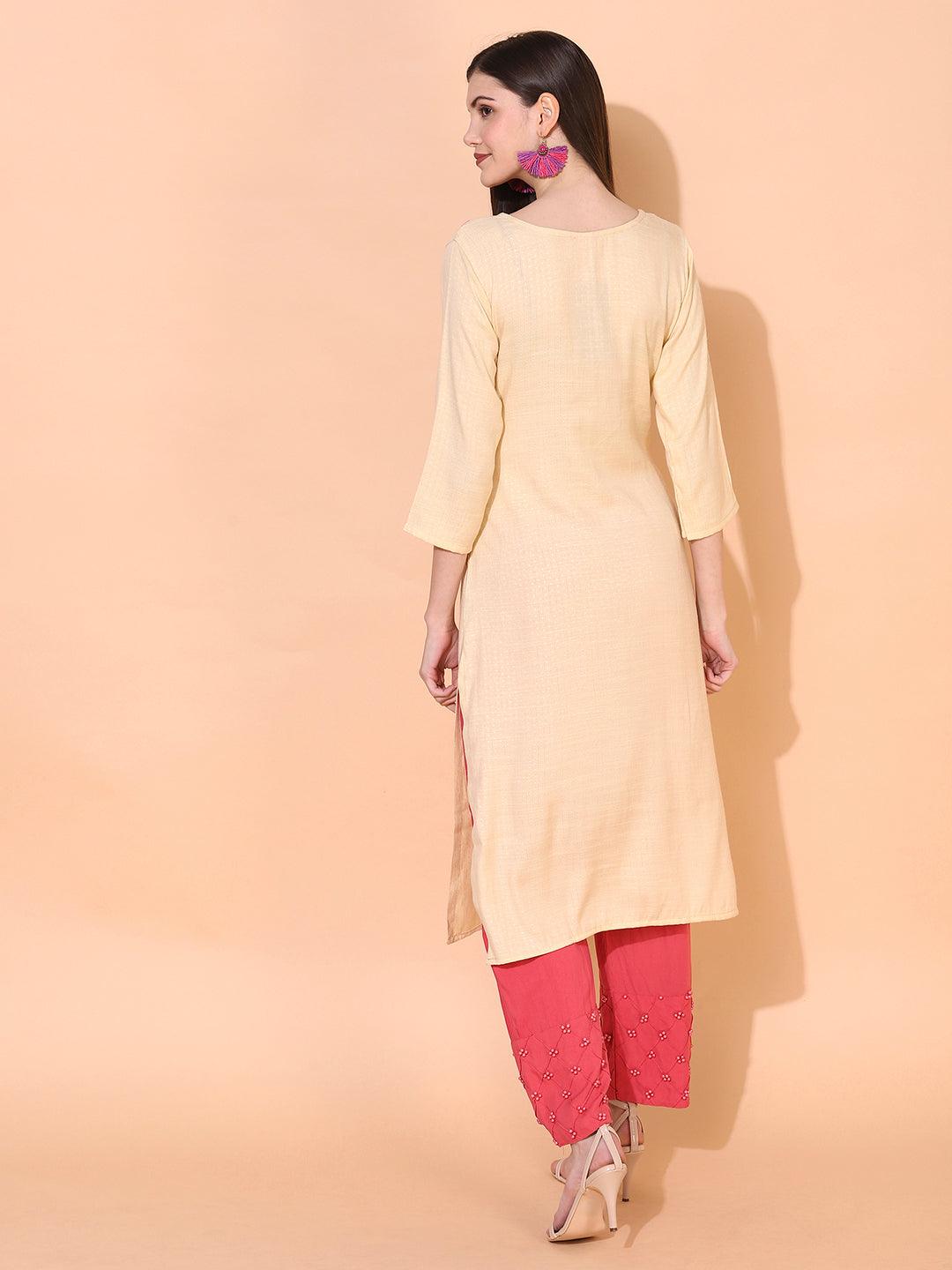 Ethnic Woven & Embroidered Straight Fit Kurta – Pale Yellow - Indiakreations