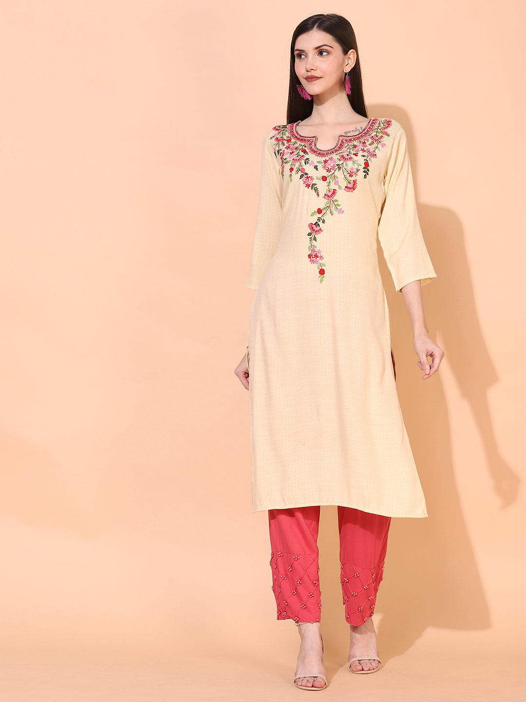 Ethnic Woven & Embroidered Straight Fit Kurta – Pale Yellow - Indiakreations