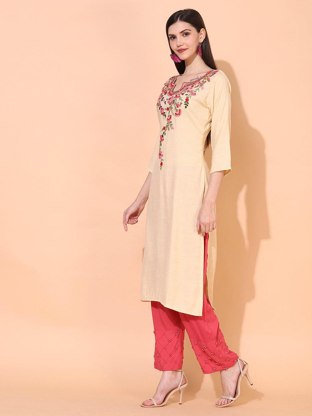 Ethnic Woven & Embroidered Straight Fit Kurta – Pale Yellow - Indiakreations