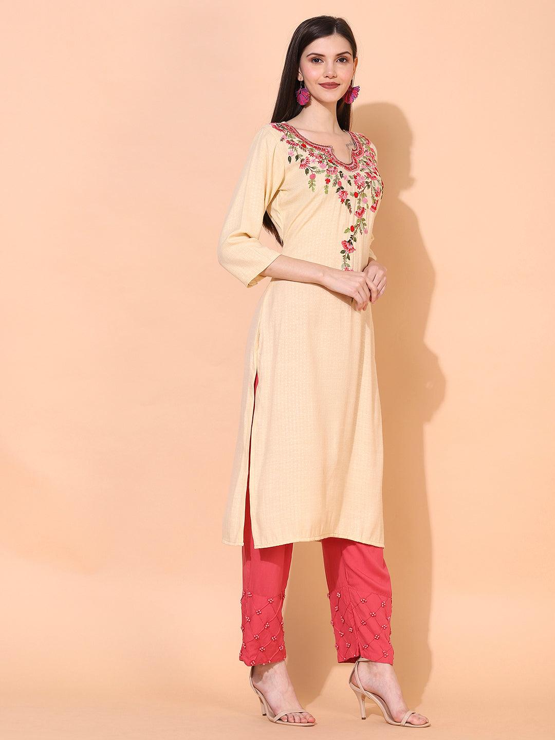 Ethnic Woven & Embroidered Straight Fit Kurta – Pale Yellow - Indiakreations