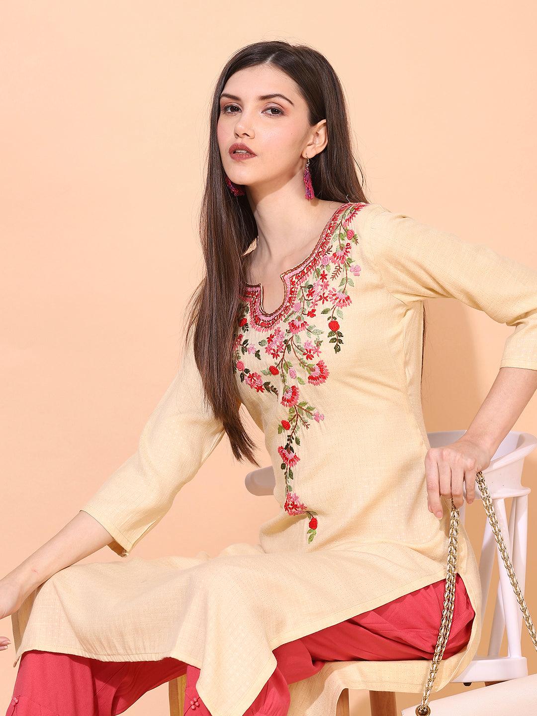 Ethnic Woven & Embroidered Straight Fit Kurta – Pale Yellow - Indiakreations