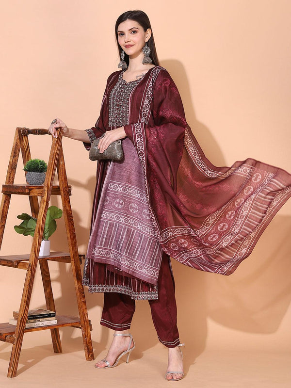 Stripes Printed & Embroidered A-Line Kurta with Pants & Dupatta - Burgundy - Indiakreations