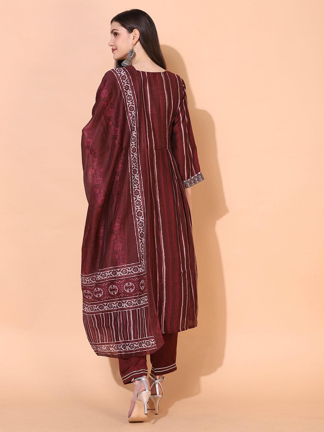 Stripes Printed & Embroidered A-Line Kurta with Pants & Dupatta - Burgundy - Indiakreations