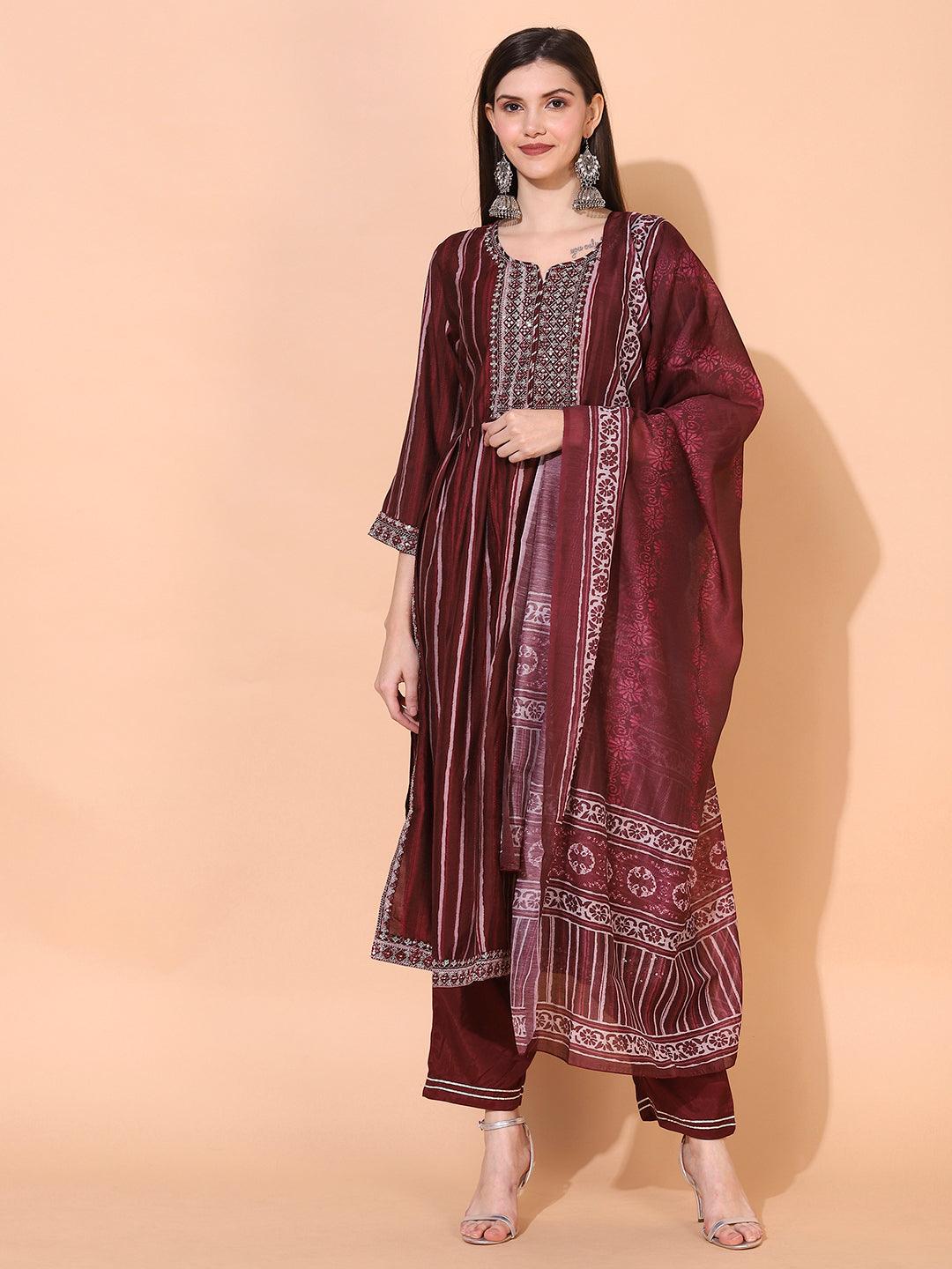 Stripes Printed & Embroidered A-Line Kurta with Pants & Dupatta - Burgundy - Indiakreations