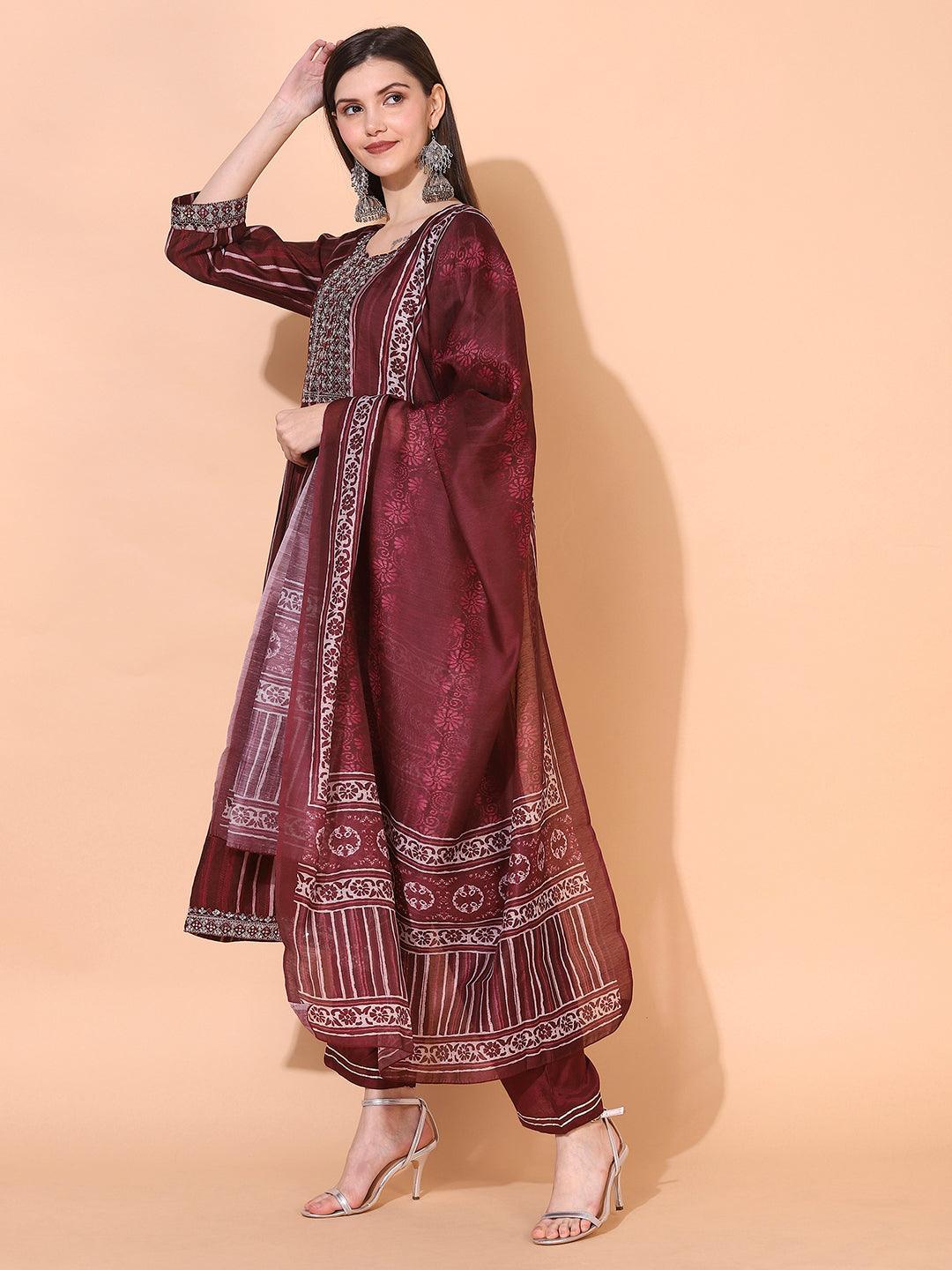 Stripes Printed & Embroidered A-Line Kurta with Pants & Dupatta - Burgundy - Indiakreations