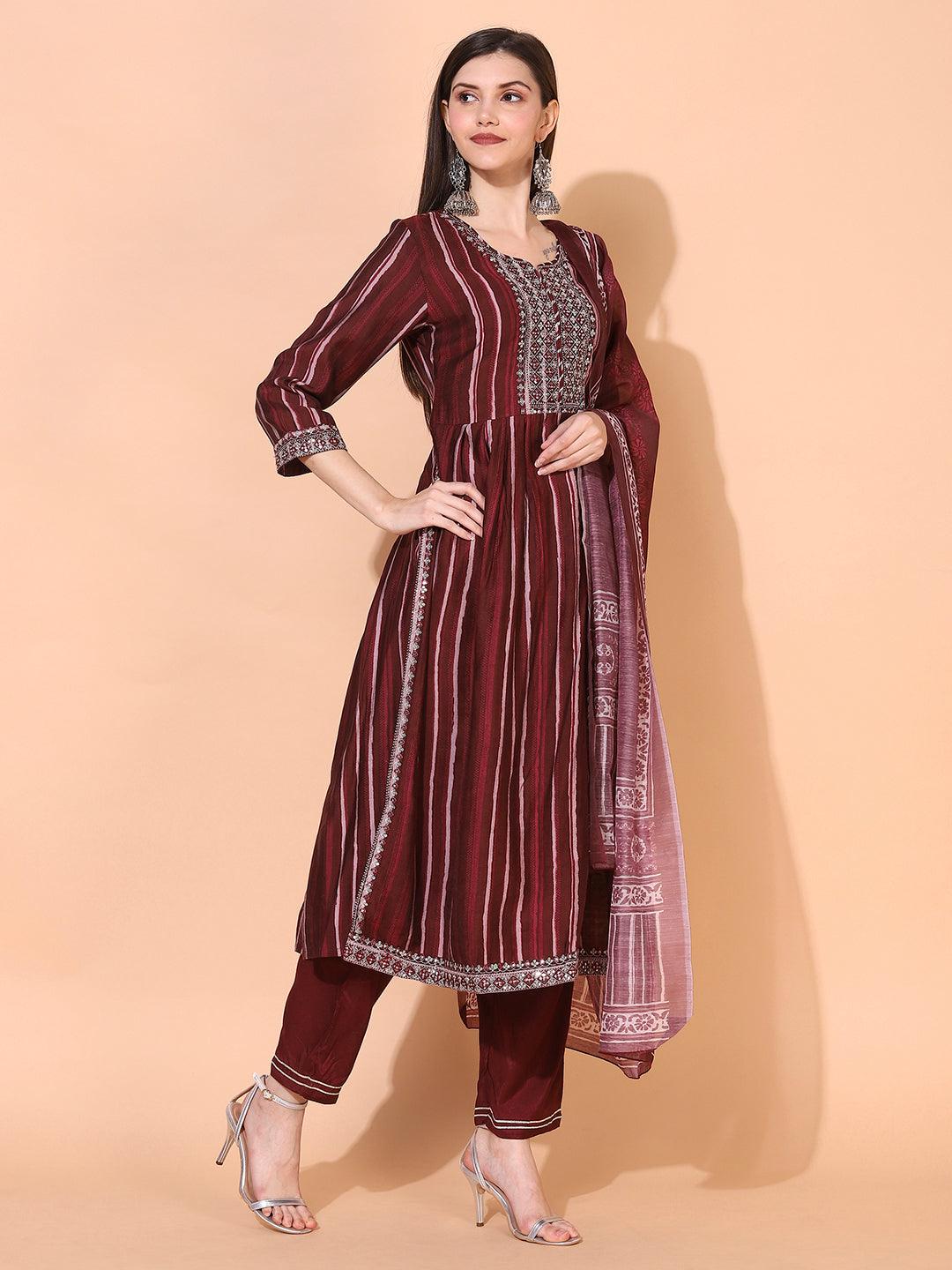 Stripes Printed & Embroidered A-Line Kurta with Pants & Dupatta - Burgundy - Indiakreations